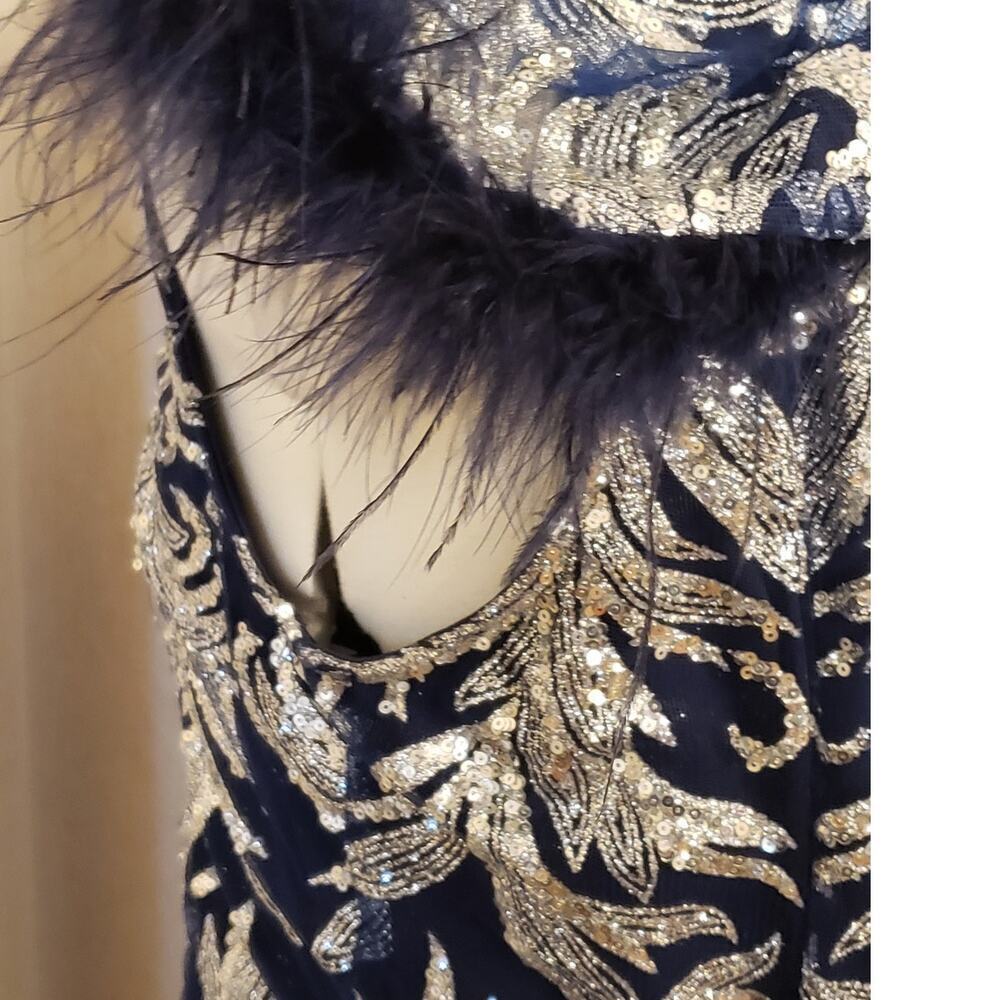EY Boutique Blue & Silver Sparkle Sequin Gown w/ Feather Trim, Size XL | NWT - Picture 6 of 12